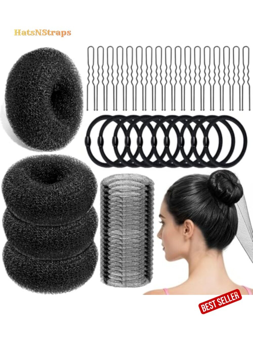 Hair Bun Maker Kit 134 Piece Set with 4 Medium Bun Pieces 20 Hair Nets 100